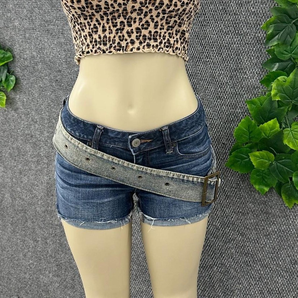 Y2K Acid Wash Denim Belt Wide Jean Belt with Brass Buckle